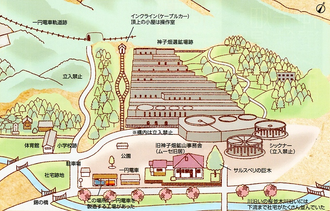 神子畑選鉱場跡案内図