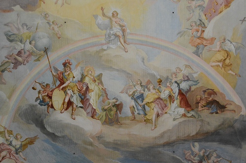 ヴィース教会　大天井画　虹の中央に座る復活したイエス・キリスト